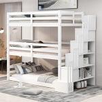 Solid Wood Triple Bunk Bed with Storage Stairs
