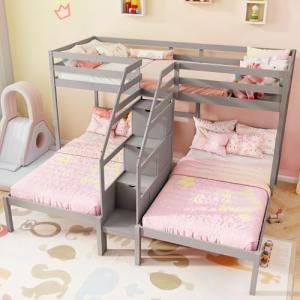 KOTEK Triple Bunk Bed with Stairs – Grey