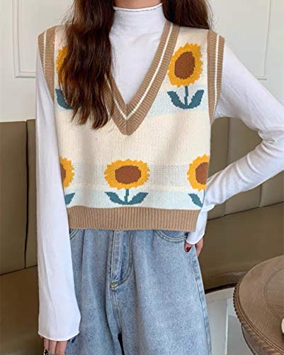 Y2K Sleeveless Knit Crop Tank Top - Beige Sunflower