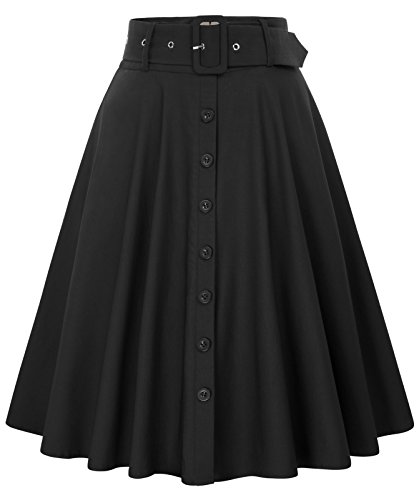 Vintage Black A-Line Midi Skirt with Belts
