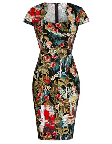 Vintage Printed Leaves Pencil Dress - Cap Sleeve