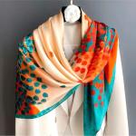 Turquoise and Orange Printed Silk-Like Square Scarf