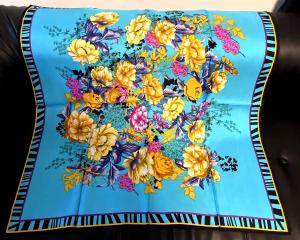 Blue Floral Print 35"x35" Mulberry Silk Scarf