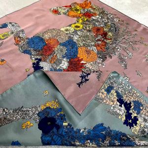 Floral Horse Print Mulberry Silk Scarf 35"x35