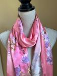 Oversized Pink Floral Silk Scarf with Rolled Hem