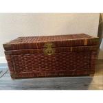 1970s Chinoiserie Wicker Storage Trunk with Brass