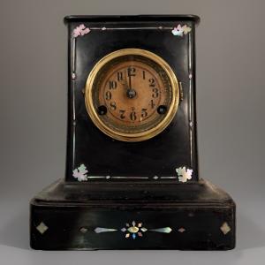 Antique Cast Iron Mantel Clock with Pearl Inlay