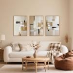 Large Abstract Beige Framed Canvas Art Set