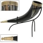 Norse Drinking Horn with Brass Accents & Stand