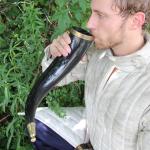 Norse Drinking Horn with Brass Accents & Stand