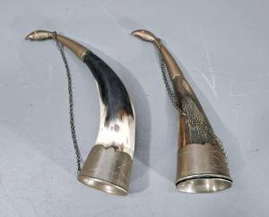 Carved Vintage Drinking Horns with Metal Details