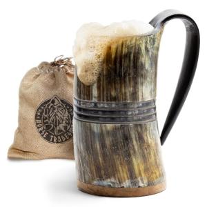 Authentic Viking Drinking Horn Mug with Hardwood Base