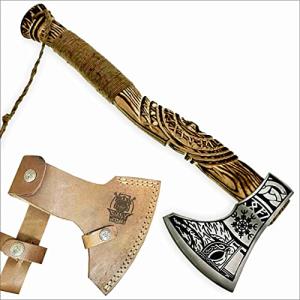 Engraved Viking Axe with Wooden Handle