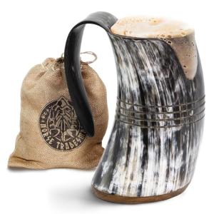 Authentic Viking Drinking Horn Mug with Hardwood Base