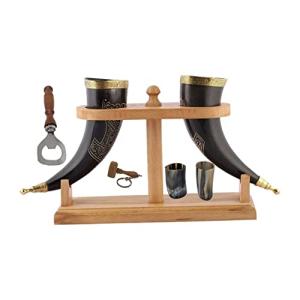 Viking Ox Horn Tankard and Wood Stand Combo