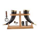 Viking Ox Horn Tankard and Wood Stand Combo