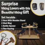 Viking Ox Horn Tankard and Wood Stand Combo