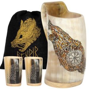 Fenrir Viking Drinking Horn Mug with Shot Glasses