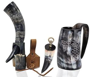 Viking Drinking Horn Mug Set with Dire-Wolf Engraving