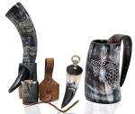 Viking Drinking Horn Mug Set with Dire-Wolf Engraving