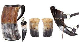 Viking Drinking Horn Mug Set with Leather Holster