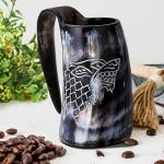 Viking Drinking Horn Mug Set with Dire-Wolf Engraving