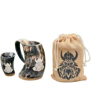 Viking Drinking Horn Set with Wood Base