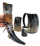 Viking Drinking Horn Mug Set with Dire-Wolf Engraving