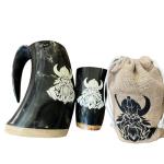 Viking Drinking Horn Set with Wood Base