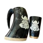 Viking Drinking Horn Set with Wood Base