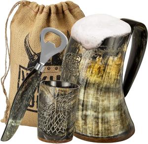 Fenrir Viking Ox Horn Mug, Shot Glass, Opener Set