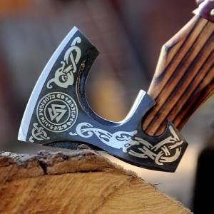 Decorative Viking Axe with Leather Handle and Sheath