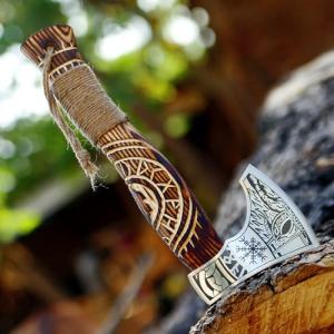 Viking Axe with Engraved Blade and Wooden Handle
