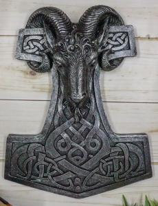 Viking Ram Skull Wall Decor with Thor's Hammer
