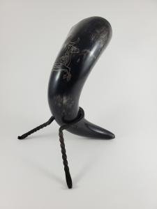 Hand-Carved Stag Ale Horn with Iron Stand