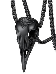 Runic Raven Skull Pendant Necklace in Black Steel