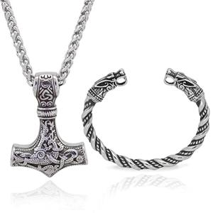 Viking Mjolnir Pendant Necklace and Dragon Bracelet Set