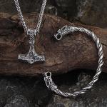 Viking Mjolnir Pendant Necklace and Dragon Bracelet Set