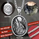 Men's Stainless Steel Viking Wolf Compass Pendant