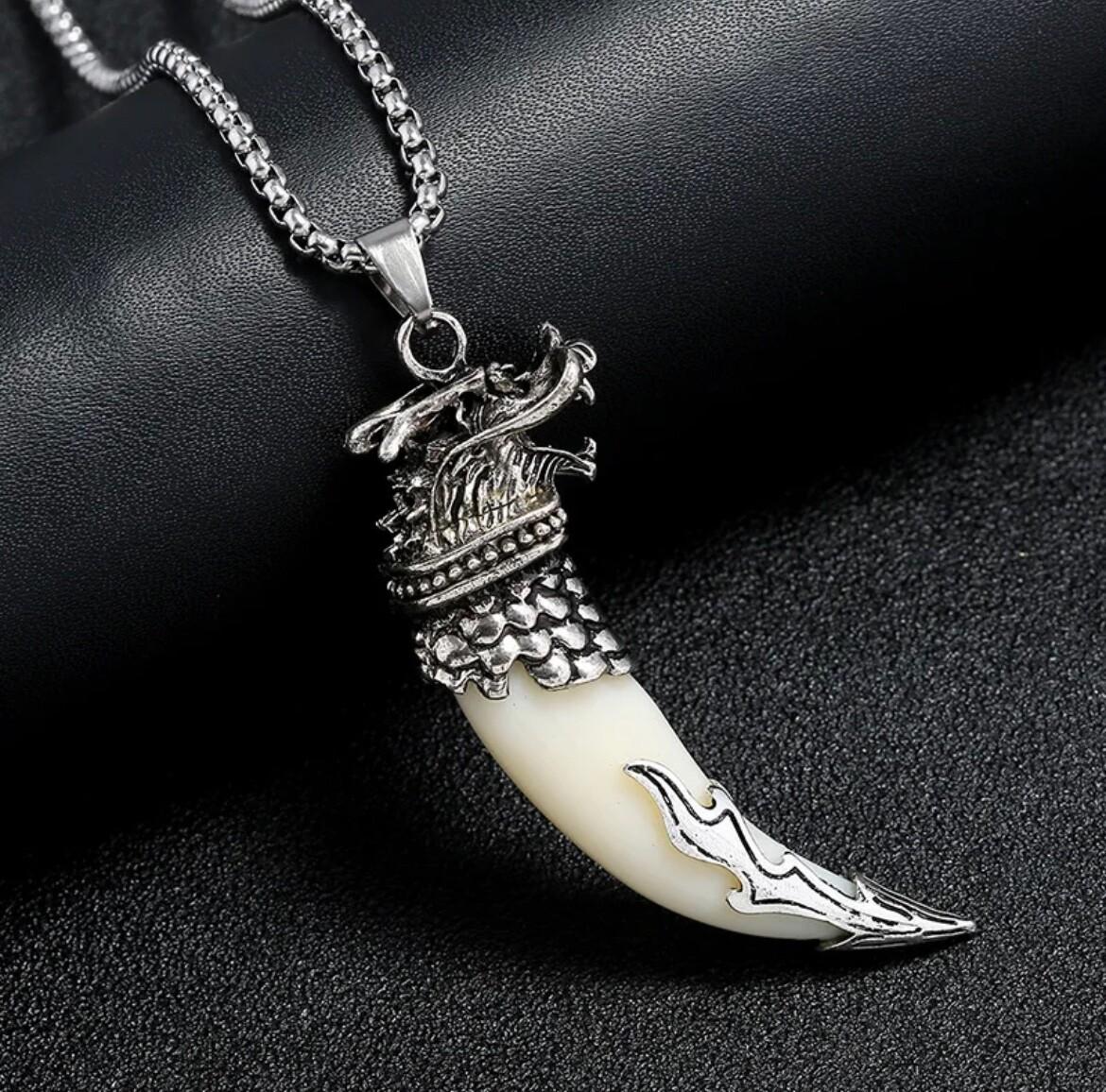 Viking Dragon Silver Pendant Necklace for Men