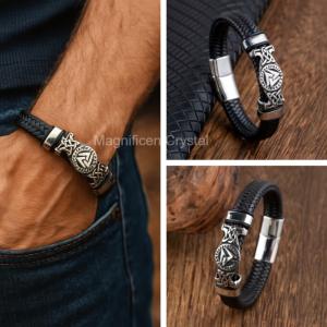 Viking Valknut Leather Braided Bracelet for Men