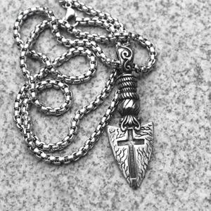 Silver Viking Shield Spear Cross Pendant Necklace