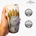 Viking Drinking Horn Cup Set with Compass Design