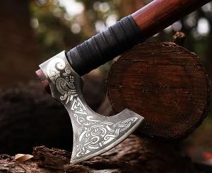 Viking Throwing Axe with Leather Sheath & Design