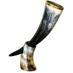 Vintage Viking Drinking Horn with Stand for Mead