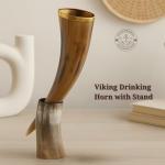Vintage Viking Drinking Horn with Stand for Mead