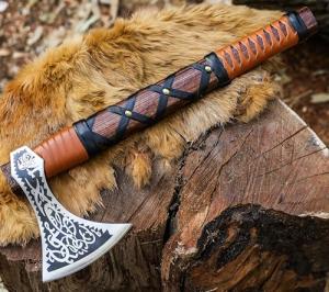Engraved Viking Axe with Wooden Handle