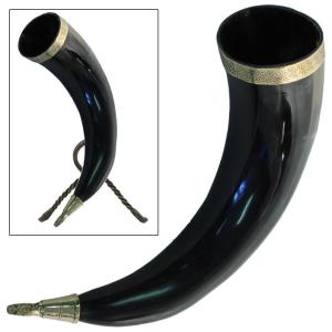 Brass-Decorated Medieval Drinking Horn with Stand