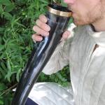 Brass-Decorated Medieval Drinking Horn with Stand