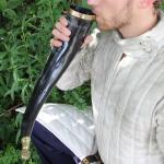 Brass-Decorated Medieval Drinking Horn with Stand